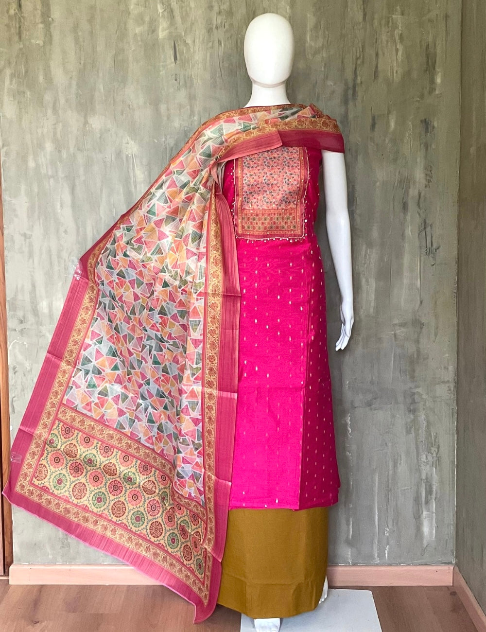Silk Cotton Traditional Unstitched Salwar with Tissue Silk Patch Work - Rani Pink