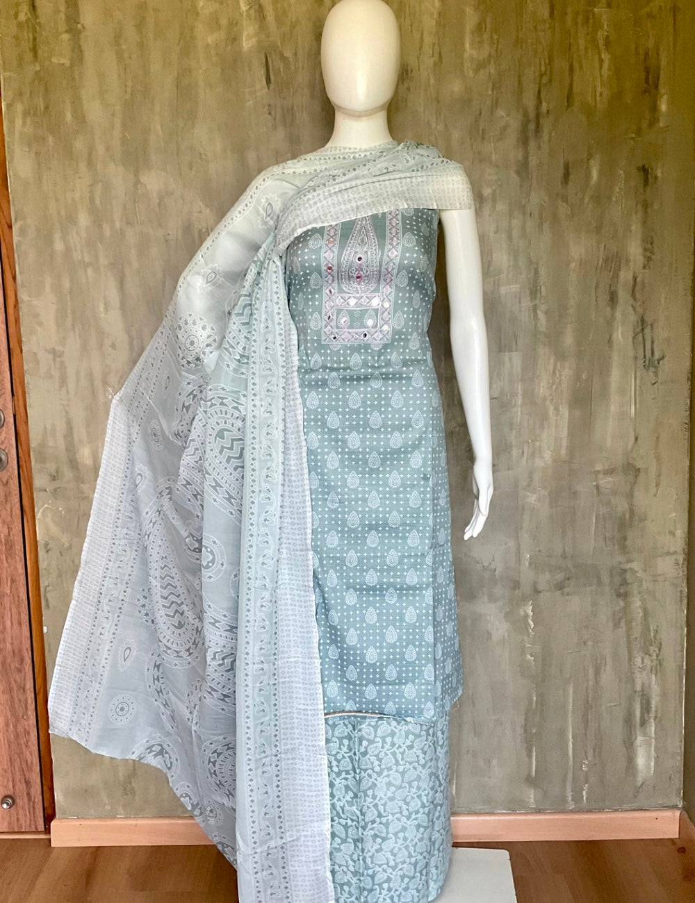 Hand Block Printed Cotton Unstitched Salwar - Pastel Green