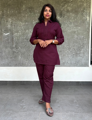 Stylish Cotton Co-Ord Set - Burgundy