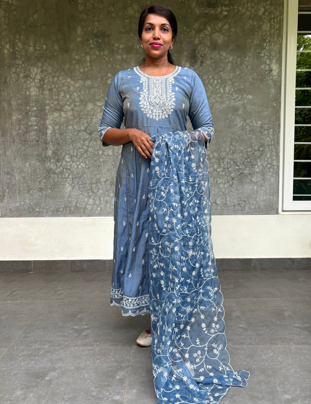 Shimmer Silk Designer Embellished Kurta Set with Organza Dupatta - Denim Blue