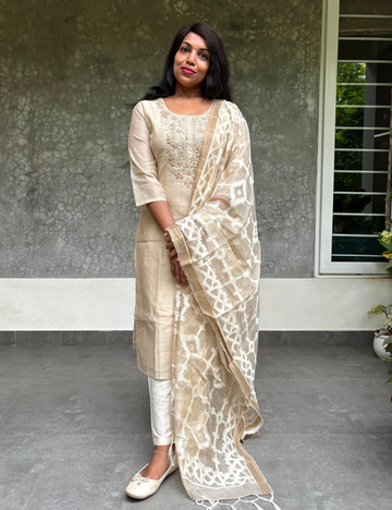Khadhi Cotton Designer Kurta Set with Jamdhani Dupatta- Beige