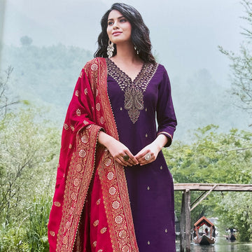 Silk Cotton Patch Worked Designer Semi stitched Salwar - Dark Purple