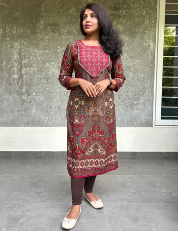 Muslin Silk Ethnic Printed Straight Cut Kurta - Maroon