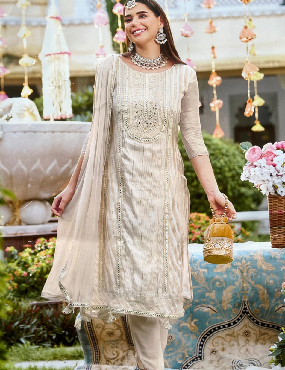 Soft Tissue Silk Designer Unstitched Salwar with Mirror and Pearl Work - Off-White