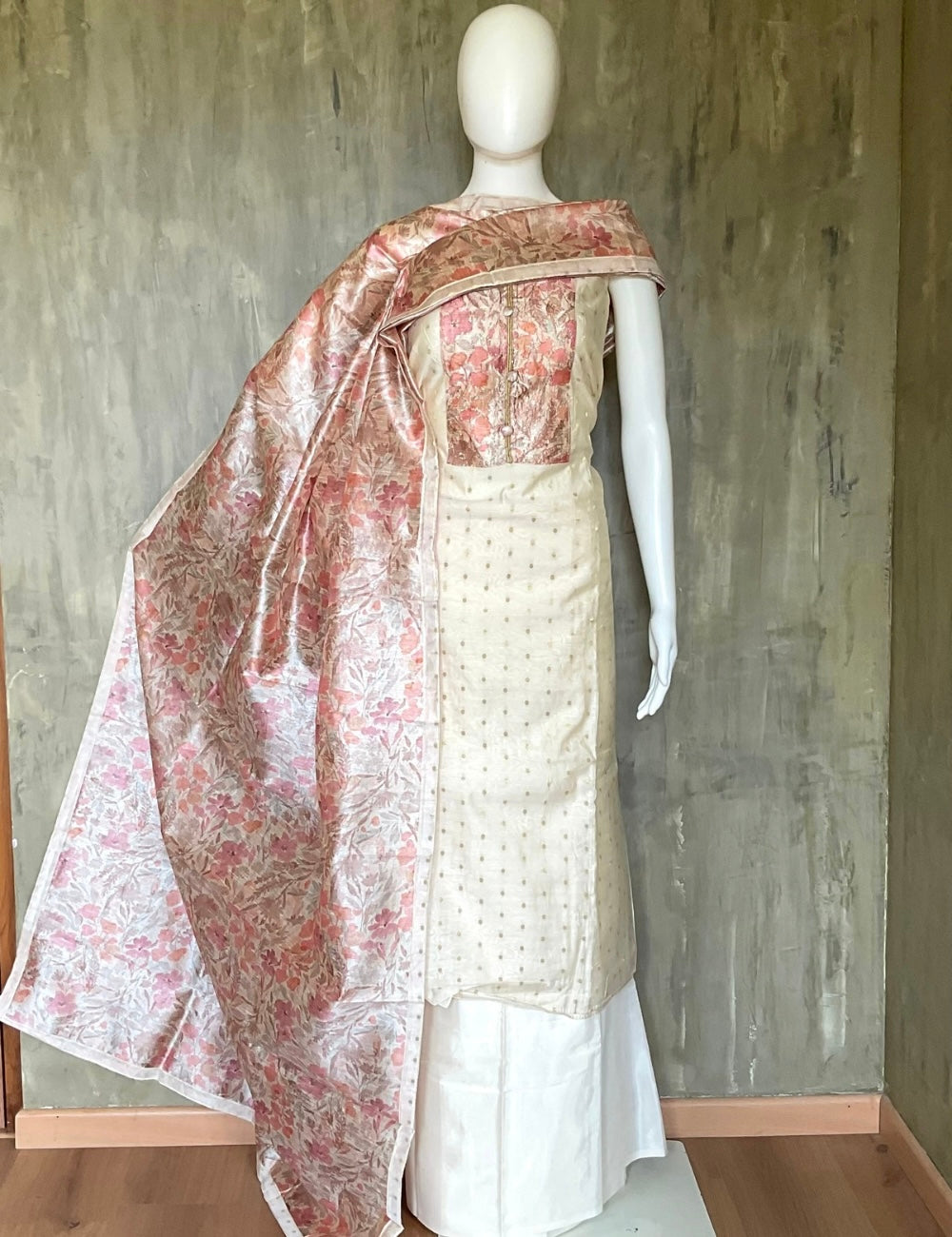Onam Special Chanderi Silk Designer Unstitched Salwar - Off White