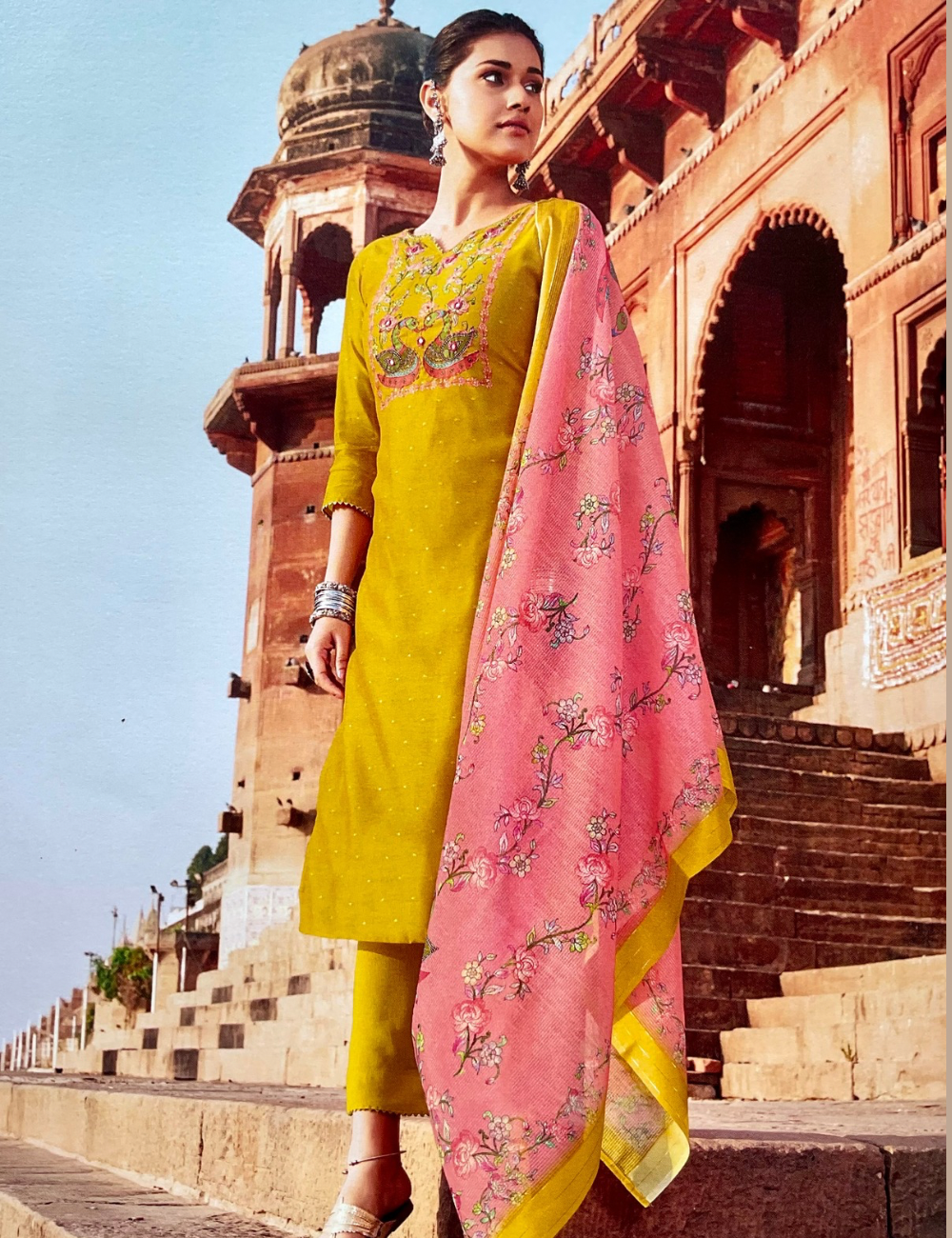 Chanderi Silk Designer Unstitched Salwar with Duck Embroidery Work - Yellow