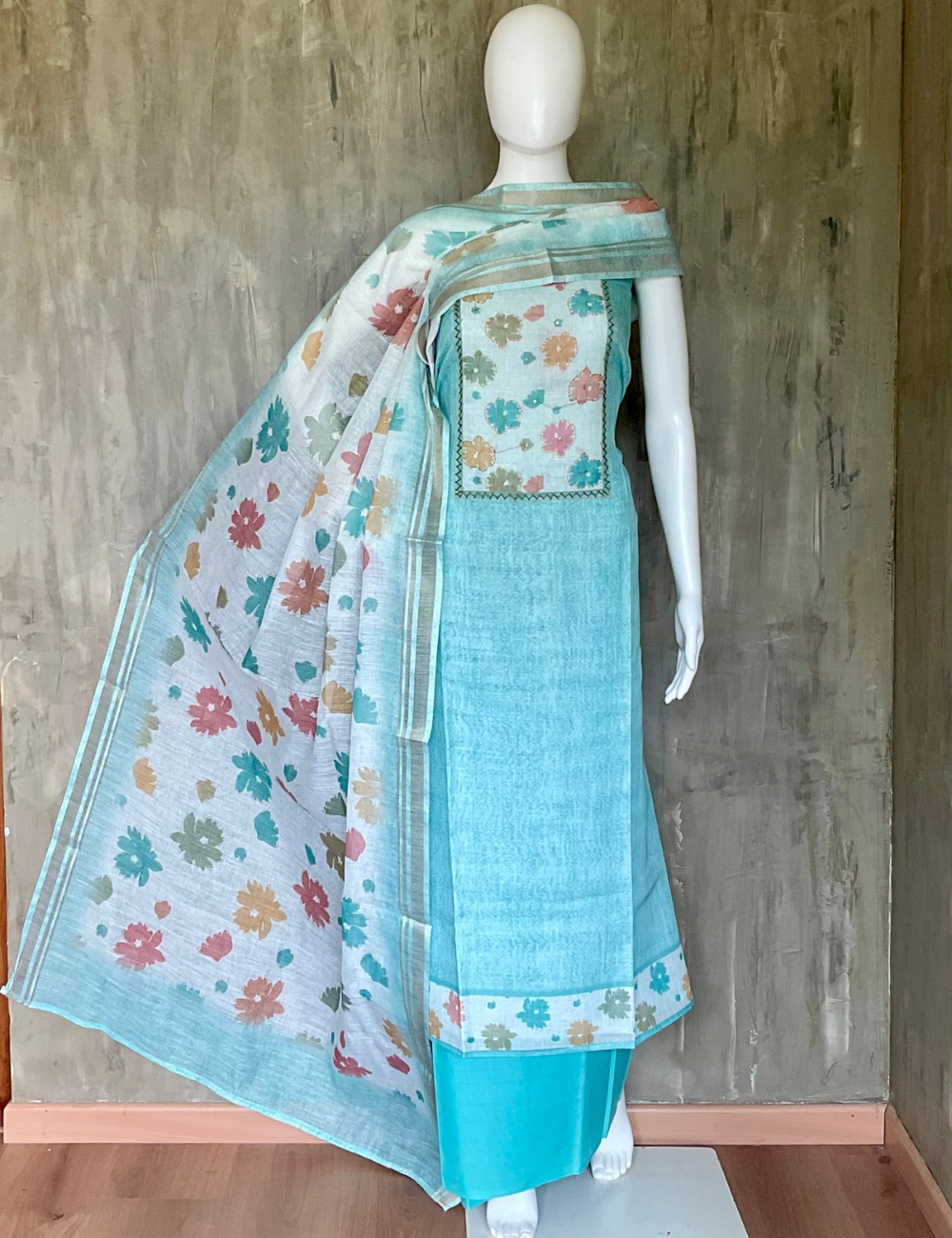 Linen Silk Floral Printed Unstitched Salwar - Blue