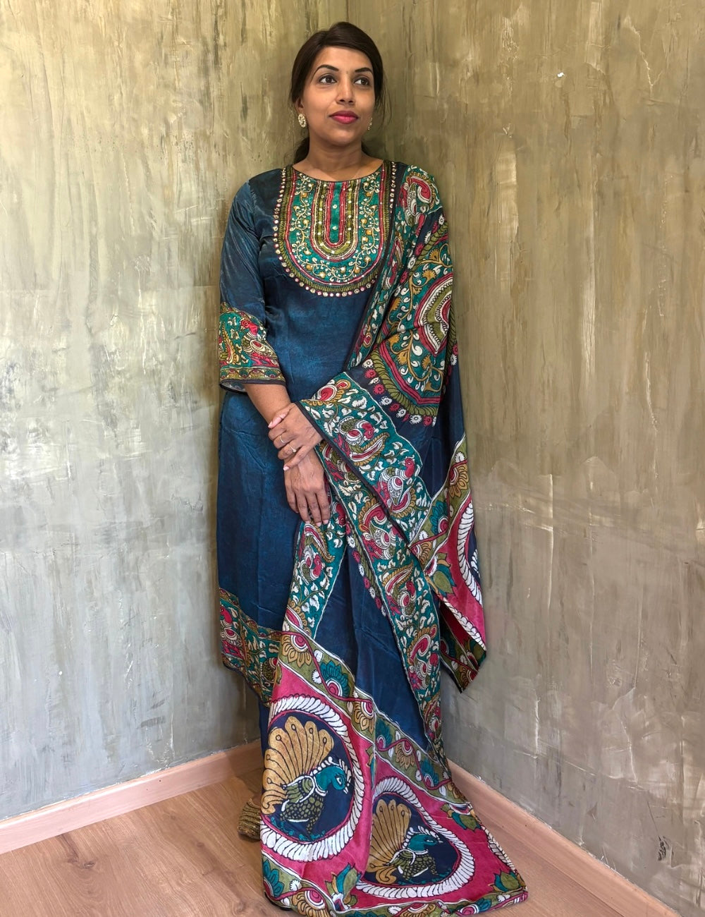 Gajji Silk Designer Kurta Set with Kalamkari Printed Organza Dupatta - Dark Blue