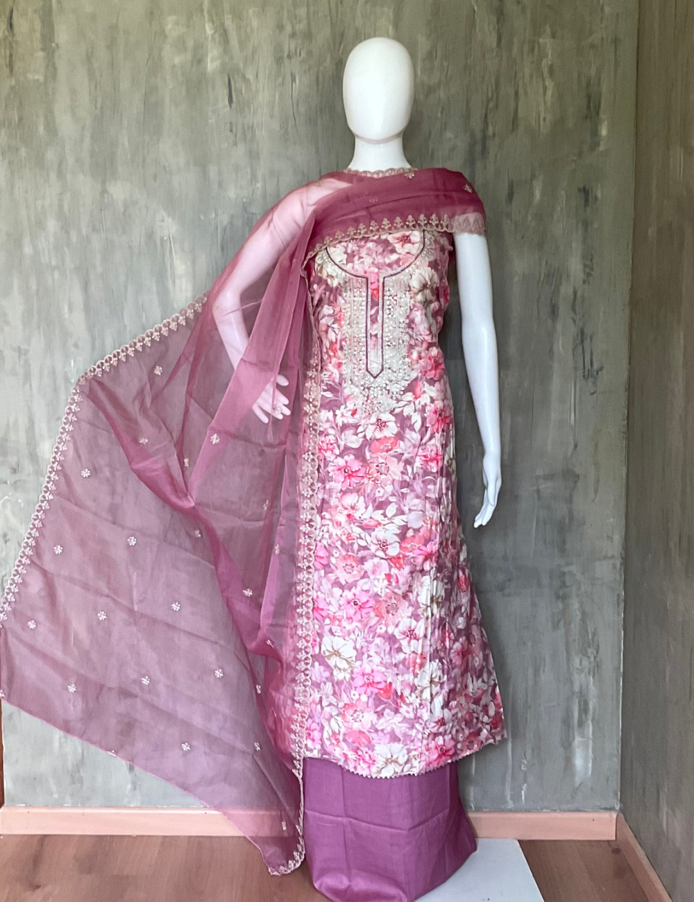 Linen Cotton Floral Printed Designer Unstitched Salwar - Pink