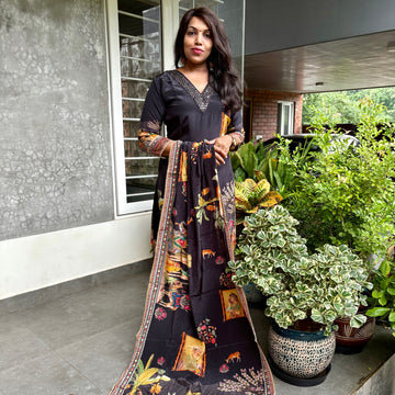 Ethnic Printed Modal Silk Designer Kurta Set - Black