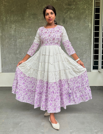 Cotton Layered Designer Midi Style Maxi Dress - White