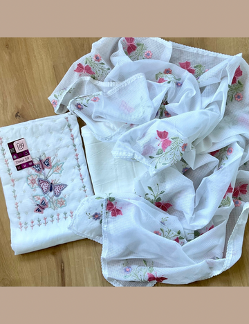 Kota Cotton Unstitched Salwar with Butterfly Pearl Work - White