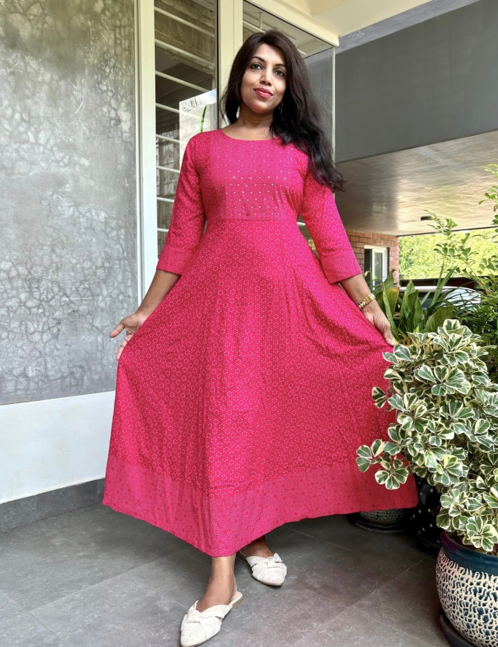 Mirror Worked Rayon Cotton Maxi Dress - Pink