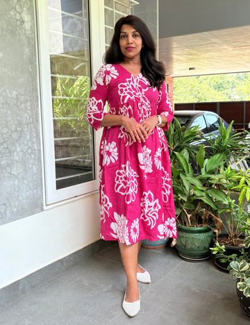 Floral Printed Aline Midi Style Dress - Rani Pink
