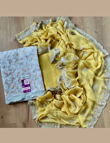 Muslin Silk Embellished Designer Unstitched Salwar - Beige with Yellow Combo