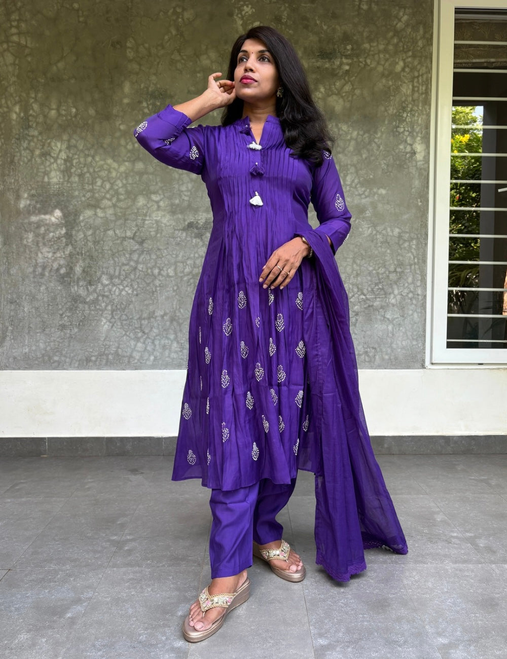 Soft Silk French Knotted Designer Aline Kurta Set - Dark Purple