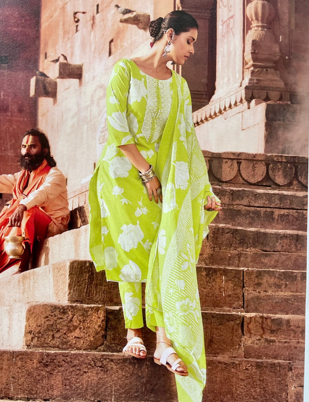 Soft Cotton Floral Printed Cotton Unstitched Salwar - Light Green