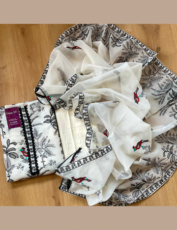 Kota Cotton Designer Unstitched Salwar with Beautiful Bird Embroidery - White