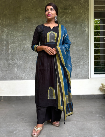 Ethnic Cotton Nyra Cut Designer Kurta Set - Black