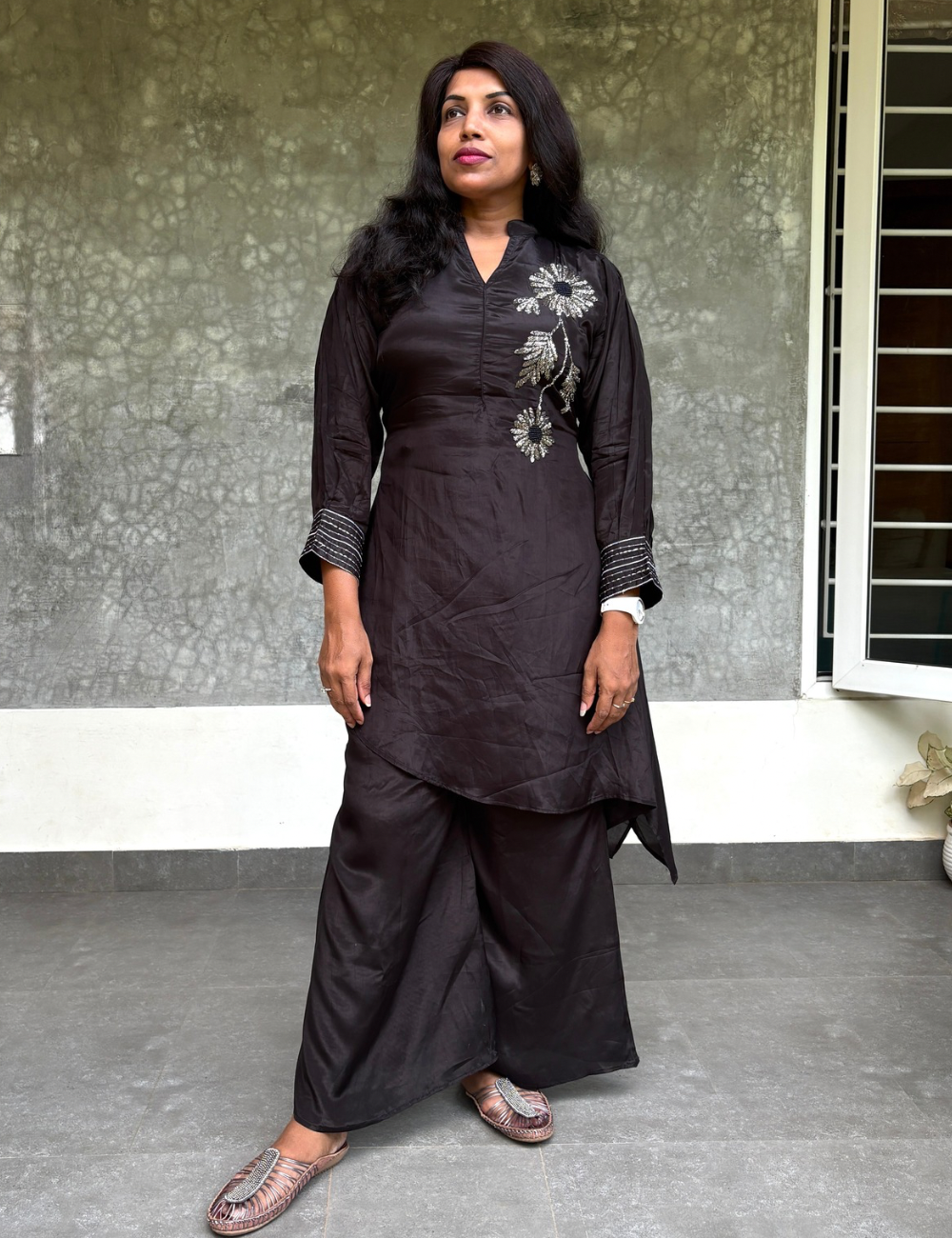 Gajji Silk Designer Coord Set with Floral Embellishments - Black