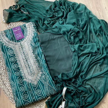 Muslin Silk Designer Wear Unstitched Salwar - Dark green
