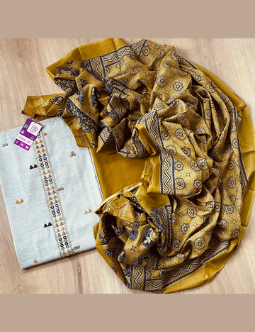 Khadhi Cotton Unstitched Salwar with Bandhini Cotton Dupatta - Beige