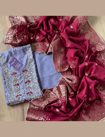 Muslin Silk Embellished Designer Unstitched Salwar - Grey