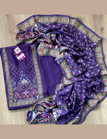 Muslin Silk Ethnic Printed Designer Unstitched Salwar - Dark Purple
