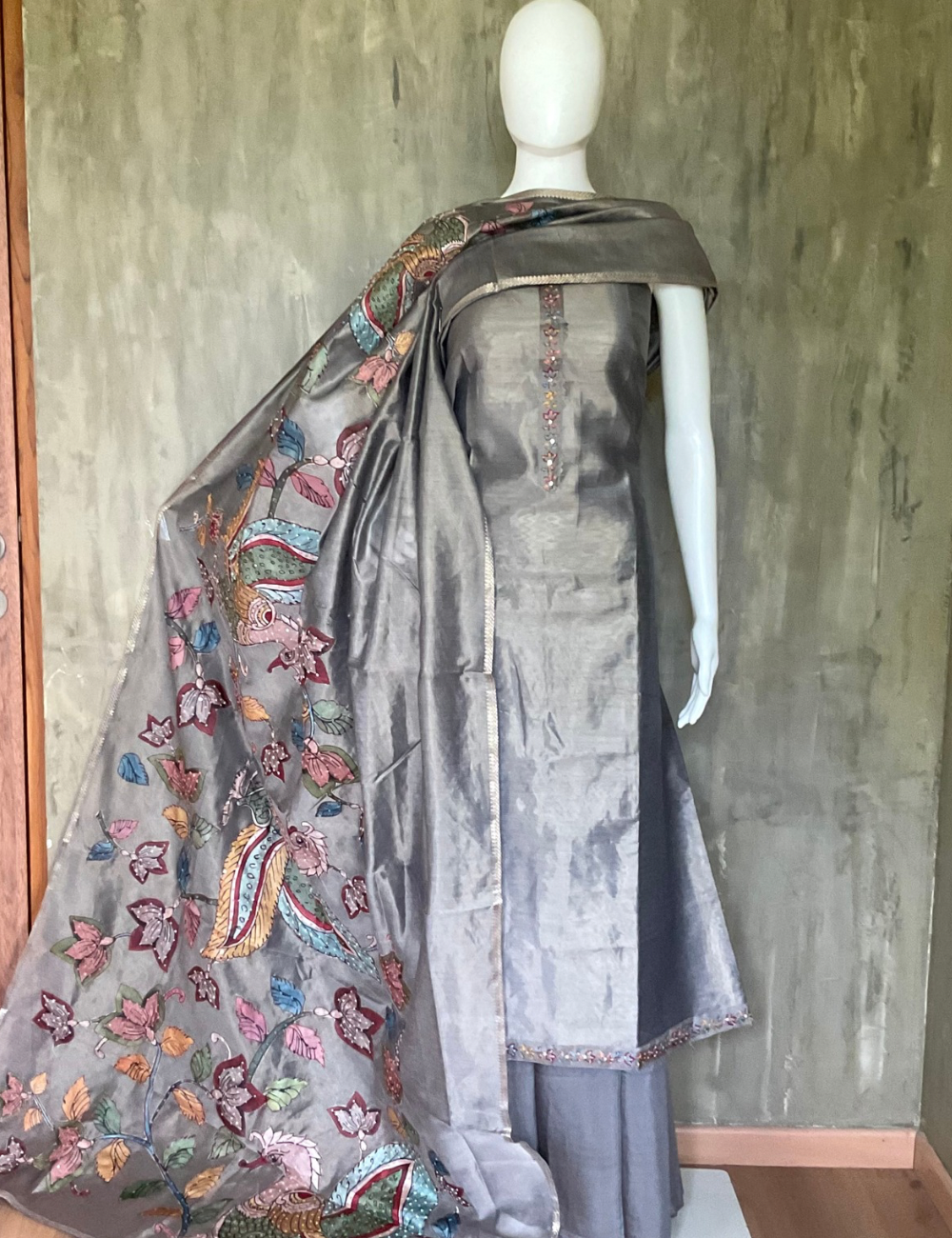 Tissue Silk Kalamkari Patchwork Designer Unstitched Salwar - Grey