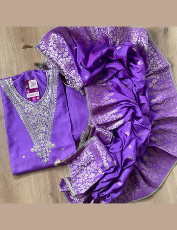 Slub Silk Traditional Embellished Unstitched Salwar with Banaras Dupatta - Purple