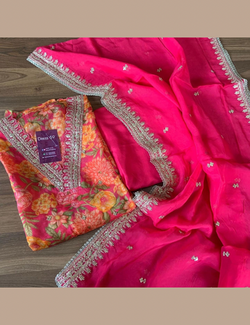 Soft Organza Floral Printed Designer Semi Stitched Salwar - Pink