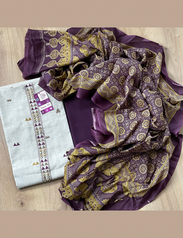 Khadhi Cotton Unstitched Salwar with Bandhini Cotton Dupatta - Beige