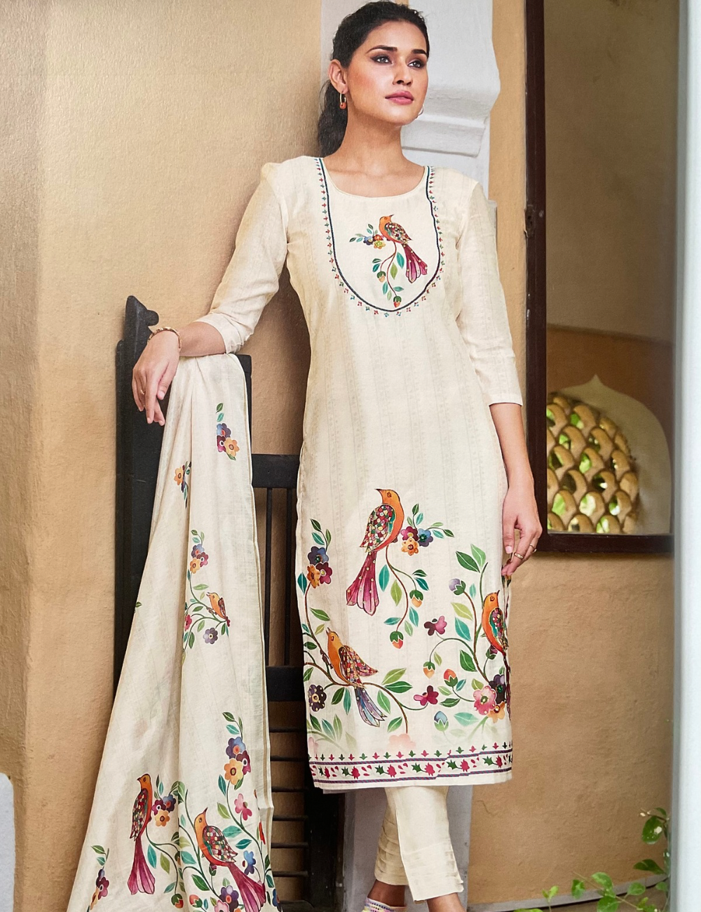 Chanderi Silk Designer Unstitched Salwar with Floral and Bird Design - White