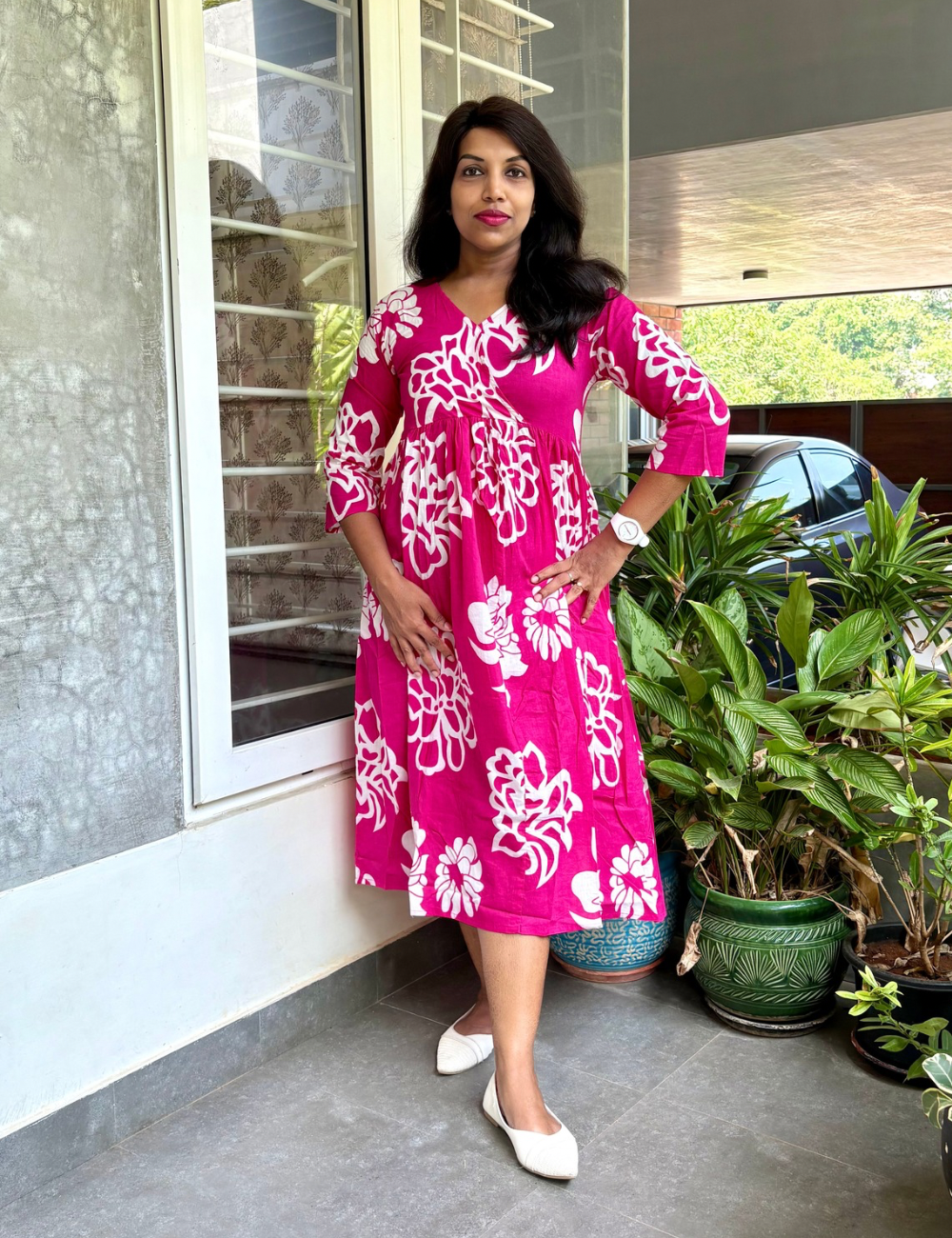 Floral Printed Aline Midi Style Dress - Rani Pink