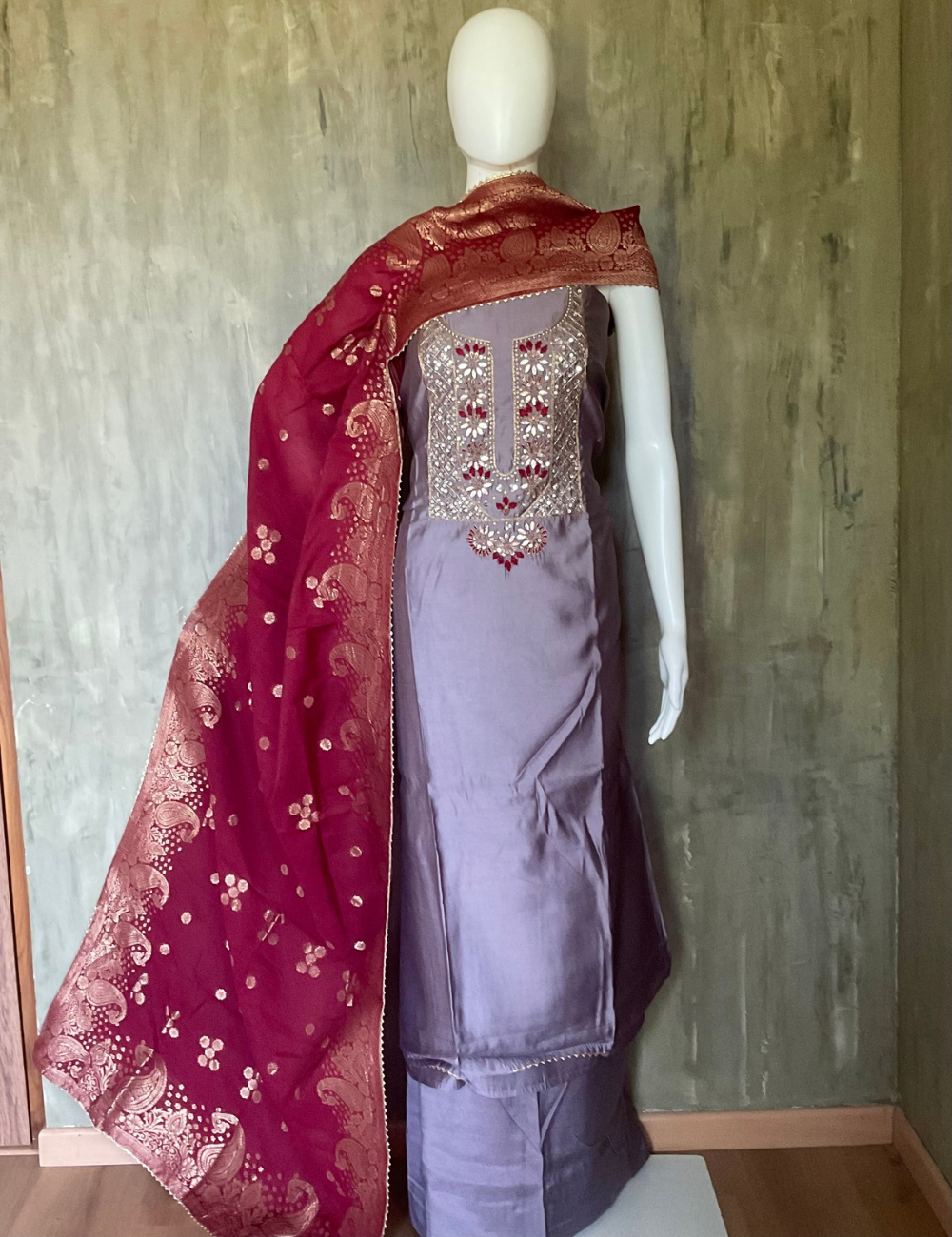 Muslin Silk Embellished Designer Unstitched Salwar - Grey