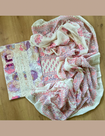 Soft Cotton Floral Printed Unstitched Salwar - Off White