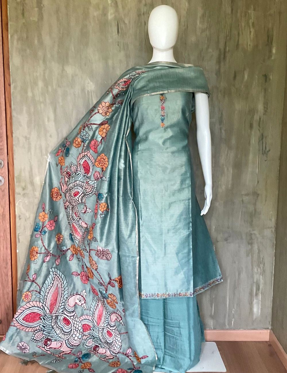 Tissue Silk Kalamkari Patchwork Designer Unstitched Salwar - Turquoise Blue