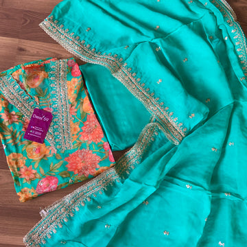 Soft Organza Floral Printed Designer Semi Stitched Salwar - Turquoise Green