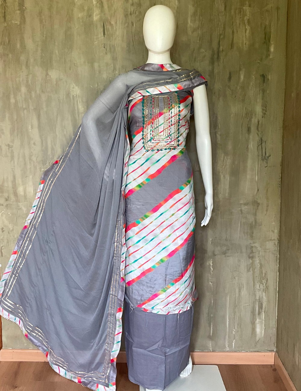 Muslin Silk Pearl Worked Designer Unstitched Salwar - Grey