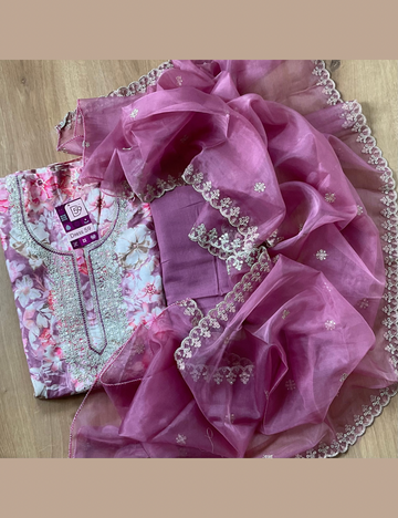Linen Cotton Floral Printed Designer Unstitched Salwar - Pink