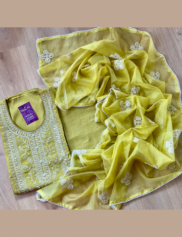 Muslin Silk Designer Unstitched Salwar - Dark lime green