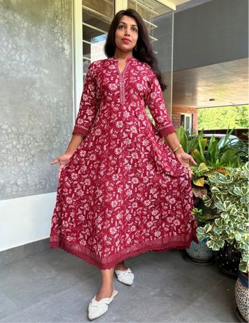 Floral Printed Cotton Maxi Dress - Maroon Red