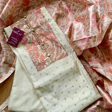 Silk Cotton Patch Worked Designer Unstitched Salwar - Cream