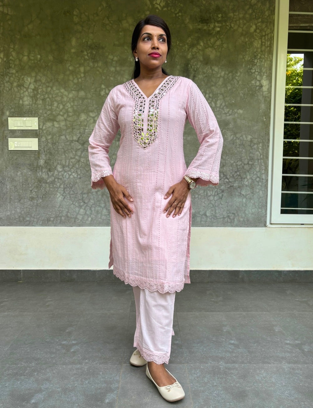 Chikankari Cotton Straight Cut Kurta Set with Mirror Work - Baby Pink