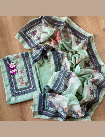 Linen Cotton Ethnic Printed Designer Unstitched Salwar - Mint Green