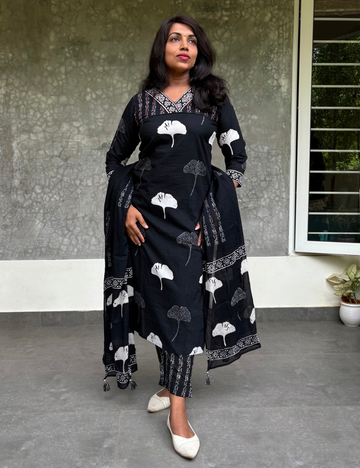 Soft Cotton Floral Printed Kurta Set - Black