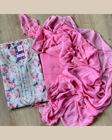 Floral Printed Linen Cotton Designer Unstitched Salwar - Pink