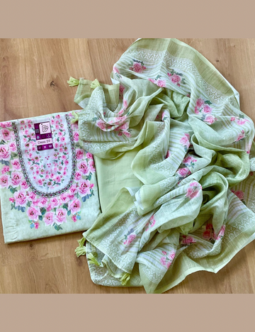 Linen Cotton Floral Printed Designer Unstitched Salwar - Light Green