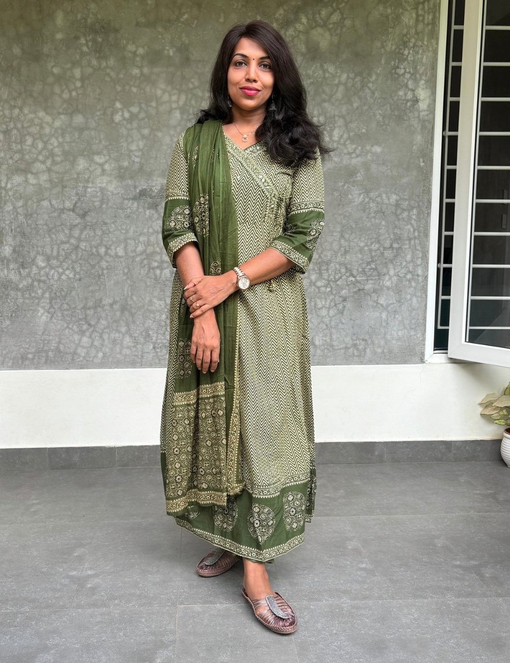 Angrakha Pattern Ethnic Printed Cotton Designer Kurta Set - Green