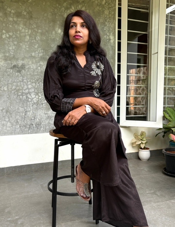 Gajji Silk Designer Coord Set with Floral Embellishments - Black